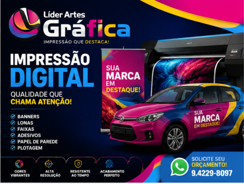 Exemplos de banner, lona, adesivo, papel de parede e plotagem de veículo