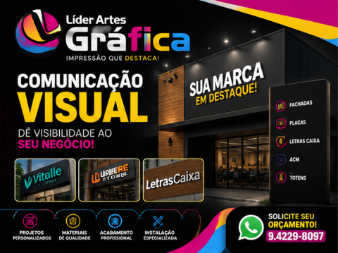 Exemplos de fachadas, placas, letras-caixa, ACM e totens da Líder Arts Gráfica