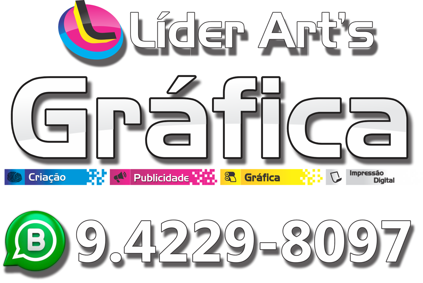 Logotipo da Líder Arts Gráfica com serviços e WhatsApp