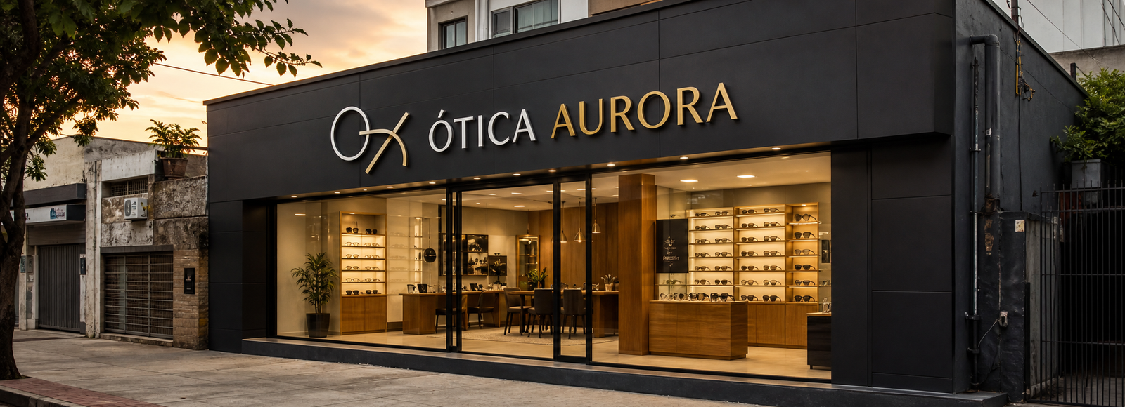 Fachada de ótica renovada com comunicação visual moderna e iluminação